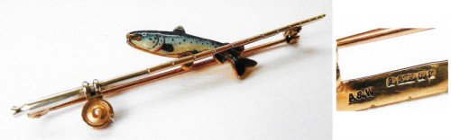 3 Coloured gold and enamel Brooch in form of Salmon and Rod the reel set with a pearl by Alabaster and Wilson Birmingham 1970