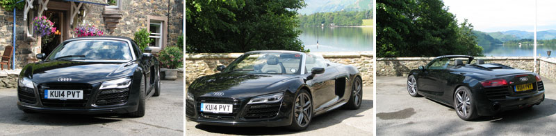 Audi R8 Spyder posed before Sharrow Bay and Ullswater