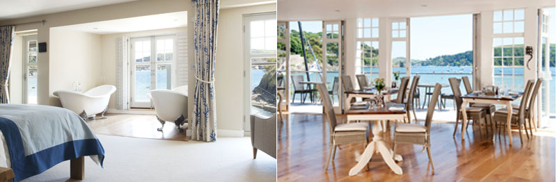 Bedroom and Dining Room at South Sands Hotel Salcombe Devon