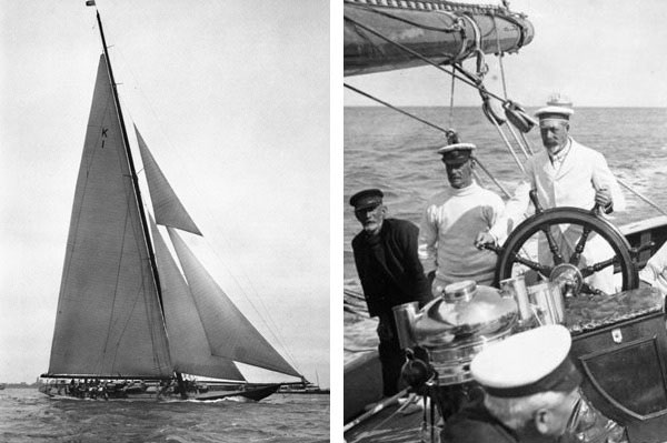 Britannia sporting her Marconi rig in 1931 and the Sailor King, George V at the helm