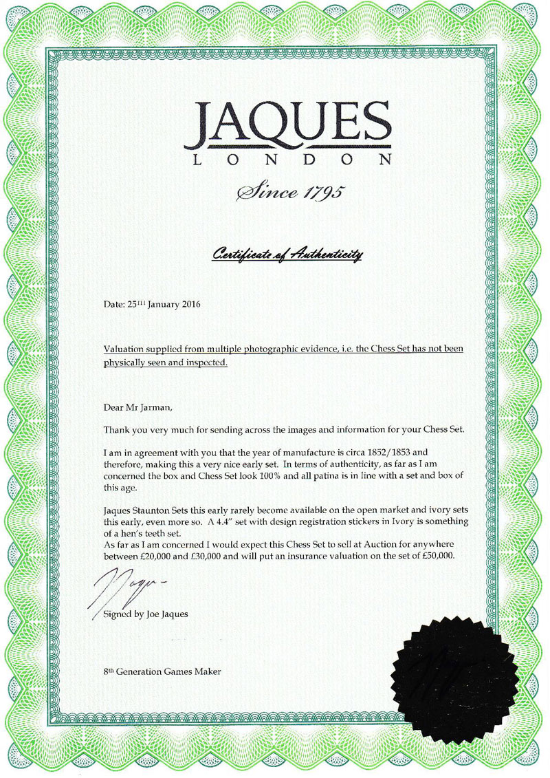 Jaques Certificate of Authenticity