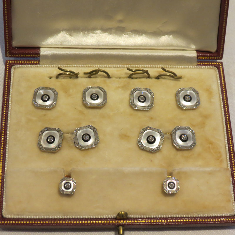 Art Deco Diamond and Mother of Pearl Cufflinks Buttons and Collar Studs Set by Garrards