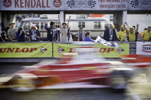 Niki Lauda winning the race, cheered by his wife, Marlene played by Romanian actress Alexandra Maria Lara