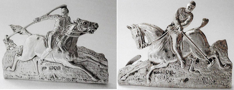 Rare pair of late Victorian cast place card holders modelled as polo players by Samuel Jacob 1899