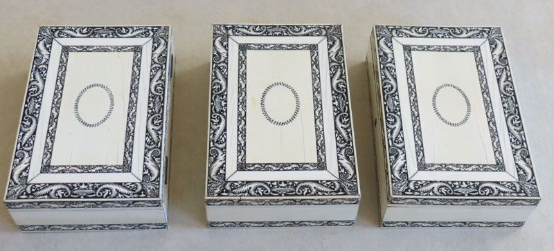 Three internal ivory and penwork boxes of Vizagapatam chess set set