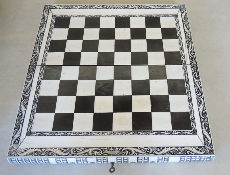 Vizagapatam outer box opened to reveal ivory and horn chess board