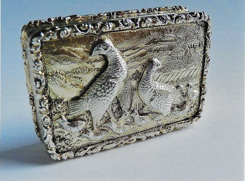 A rare William IV silver gilt Vinaigrette known as the Game Birds with pretty pierced foliate grille by Nathaniel Mills of Birmingham