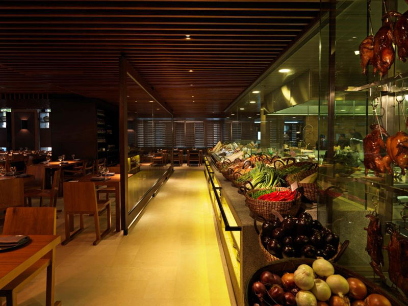 The Asian Restaurant at Novikov with its display of fresh fruit and vegetables